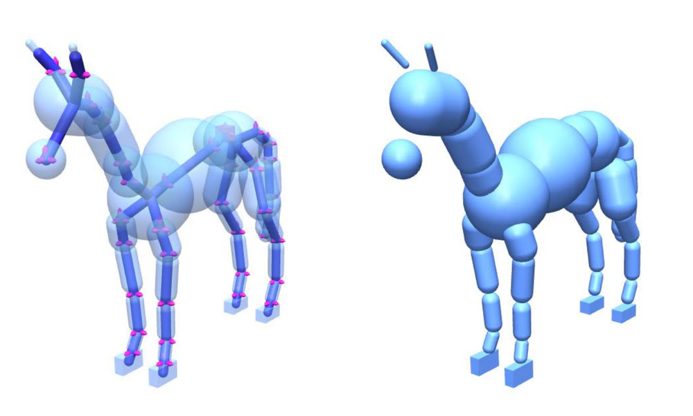 The hSMAL simulation agent: articulated skeleton with joint locations on the left, mesh appearance on the right.